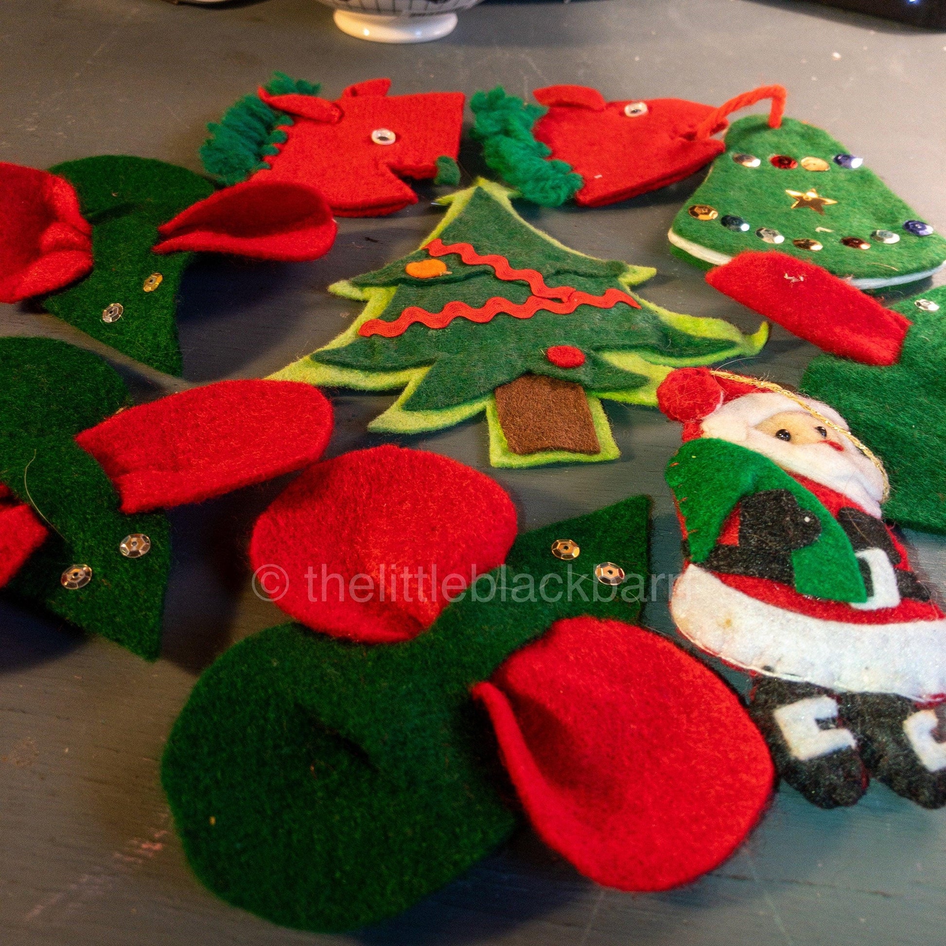 Handcrafted Felt, 4 Mice, 2 Horse Heads, Bell, Tree, & Santa Set of 9, Christmas Ornaments