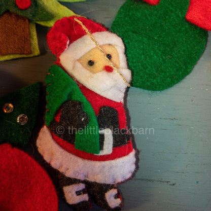 Handcrafted Felt, 4 Mice, 2 Horse Heads, Bell, Tree, & Santa Set of 9, Christmas Ornaments