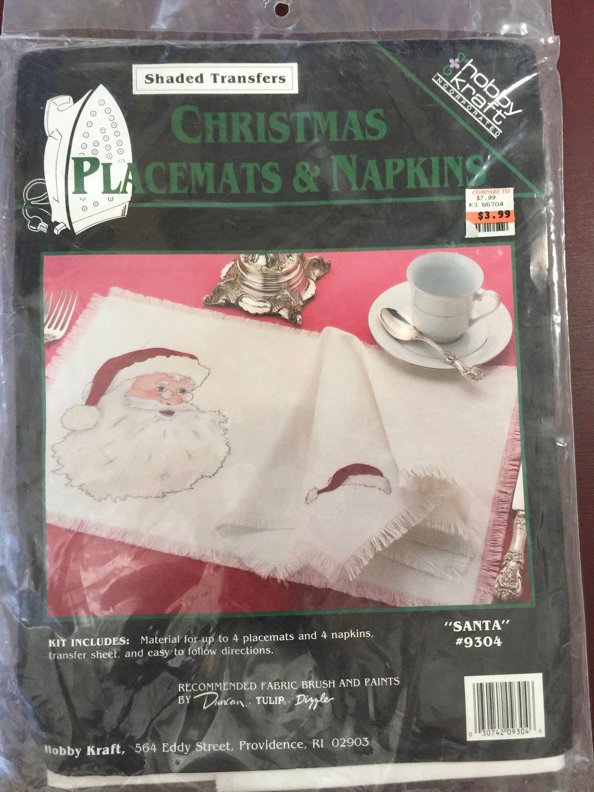 Christmas Placemats & Napkins &quot;Santa #9304 Shaded transfers by hobby kraft kit includes material for 4 placemats and 4 napkins