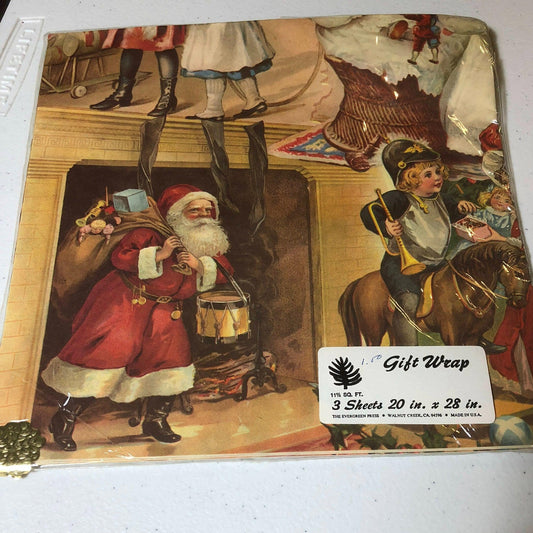 Evergreen, Boy on Rocking Horse, Santa in Fireplace, and Reindeer with Sleigh, Vintage Wrapping Paper,