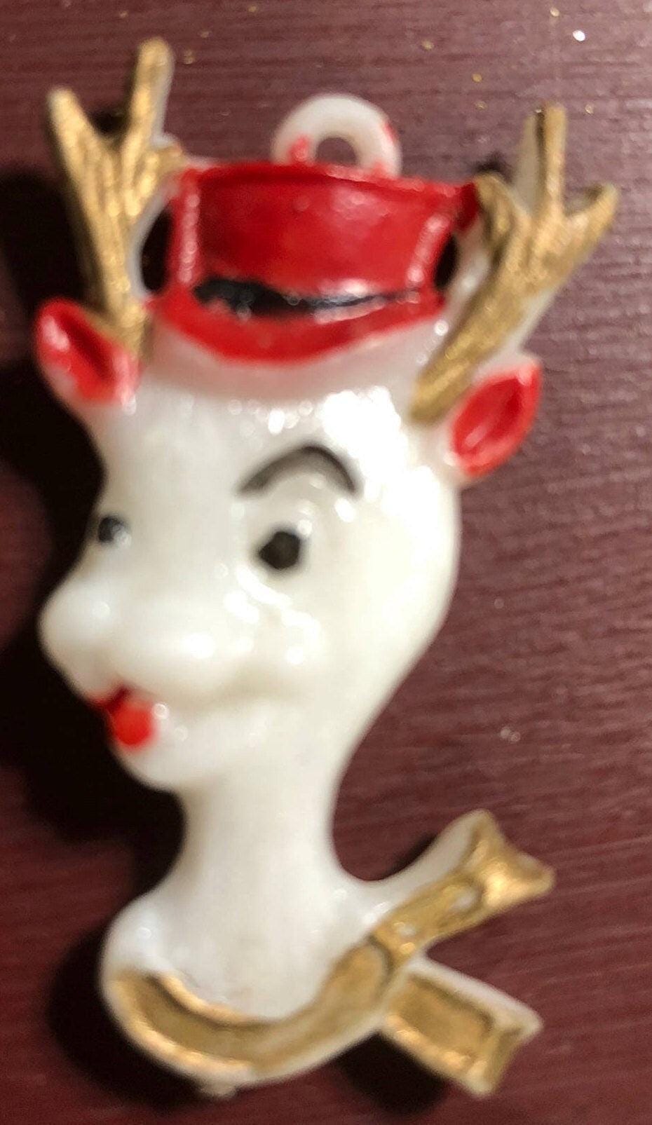 Reindeer Wearing a Christmas Hat & Scarf, Small Plastic, Vintage Christmas Ornament