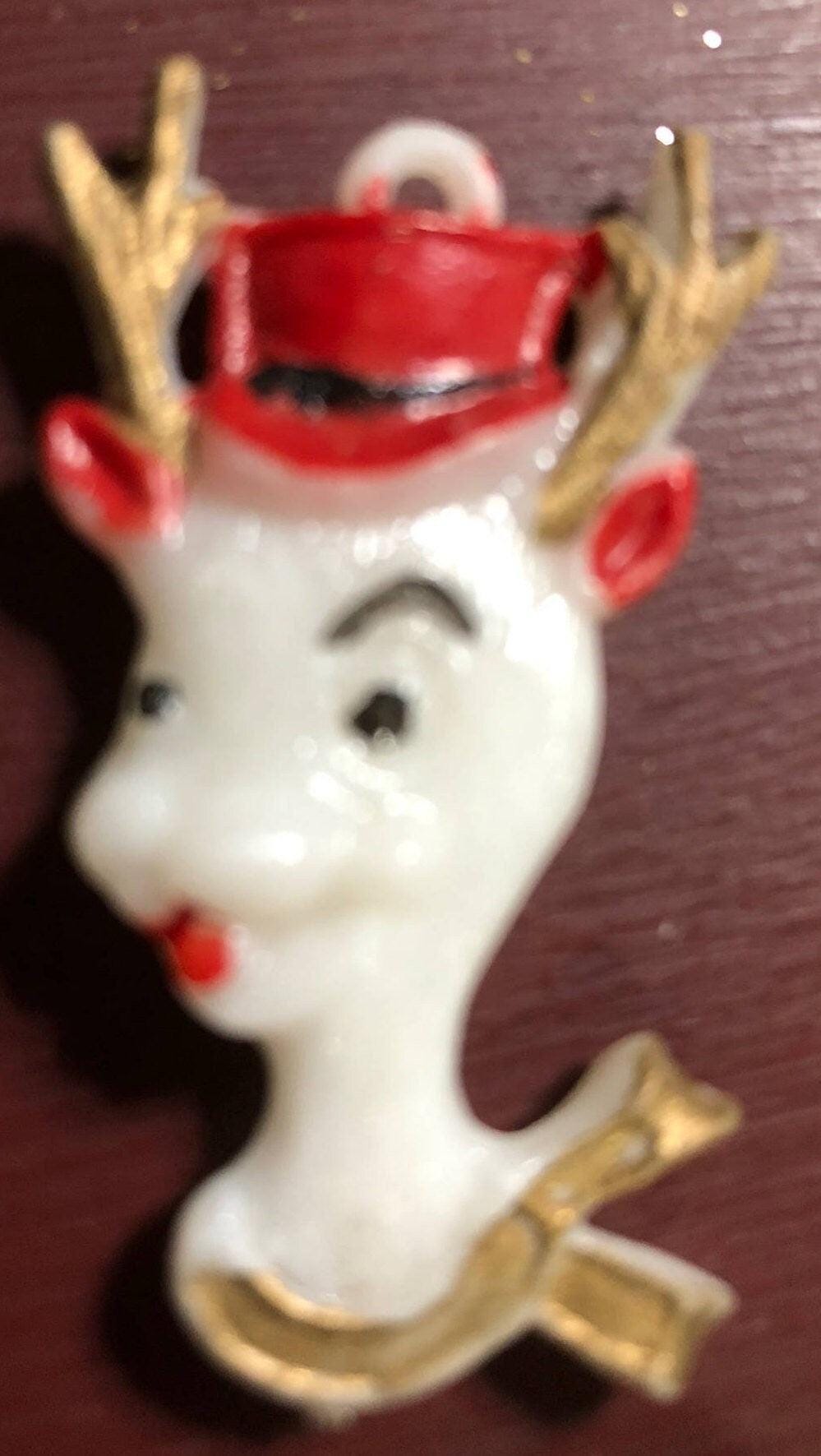 Reindeer Wearing a Christmas Hat & Scarf, Small Plastic, Vintage Christmas Ornament