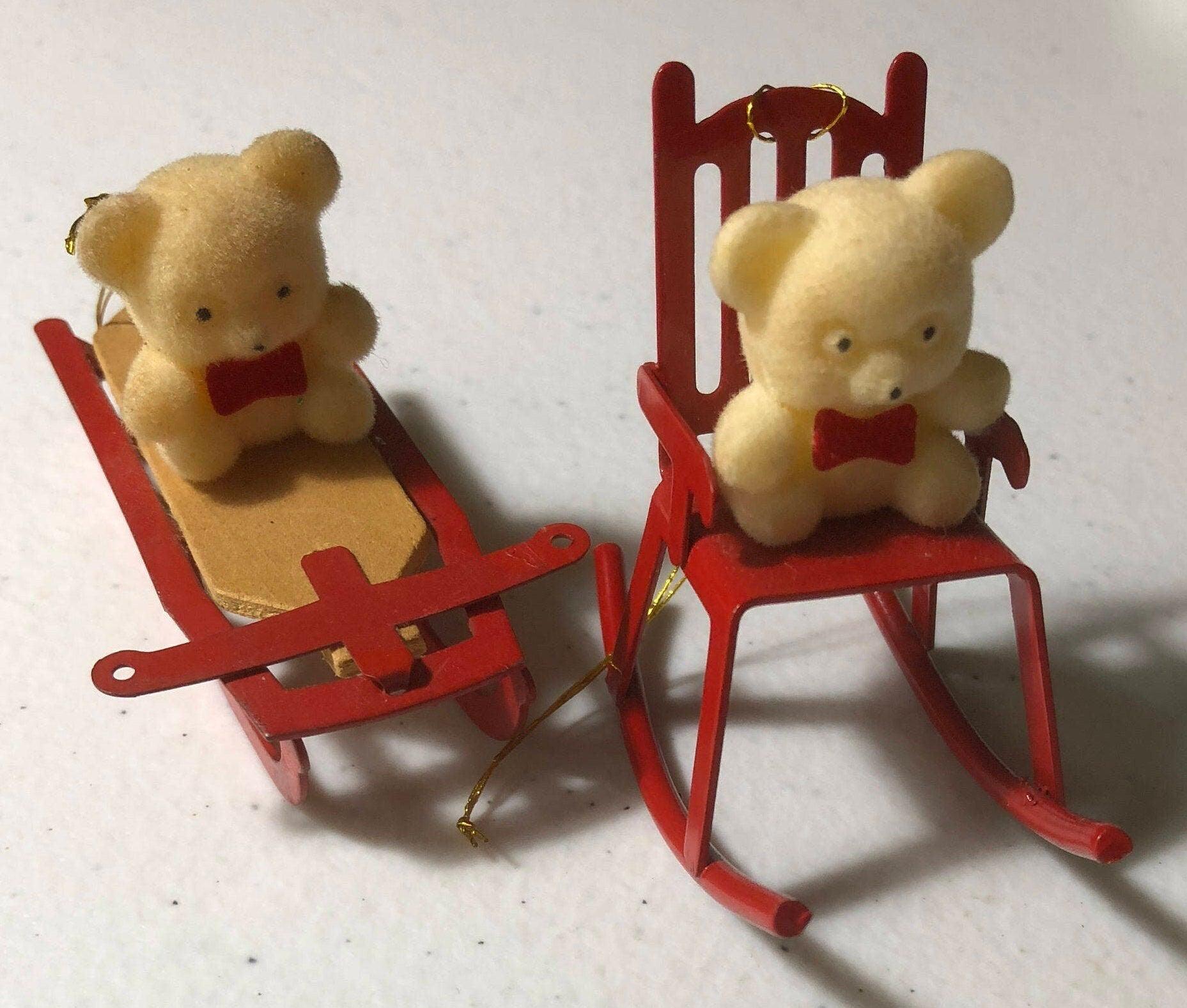 Flocked Bears, on Metal, Red Chair, and Sled, Set of 2 Vintage Christmas Ornaments