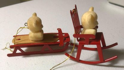 Flocked Bears, on Metal, Red Chair, and Sled, Set of 2 Vintage Christmas Ornaments