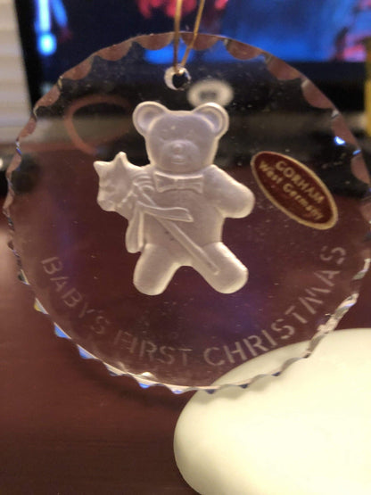 Baby&#39;s First Christmas, Teddy Bear, Gorham, West Germany, Round Beveled Glass Ornament