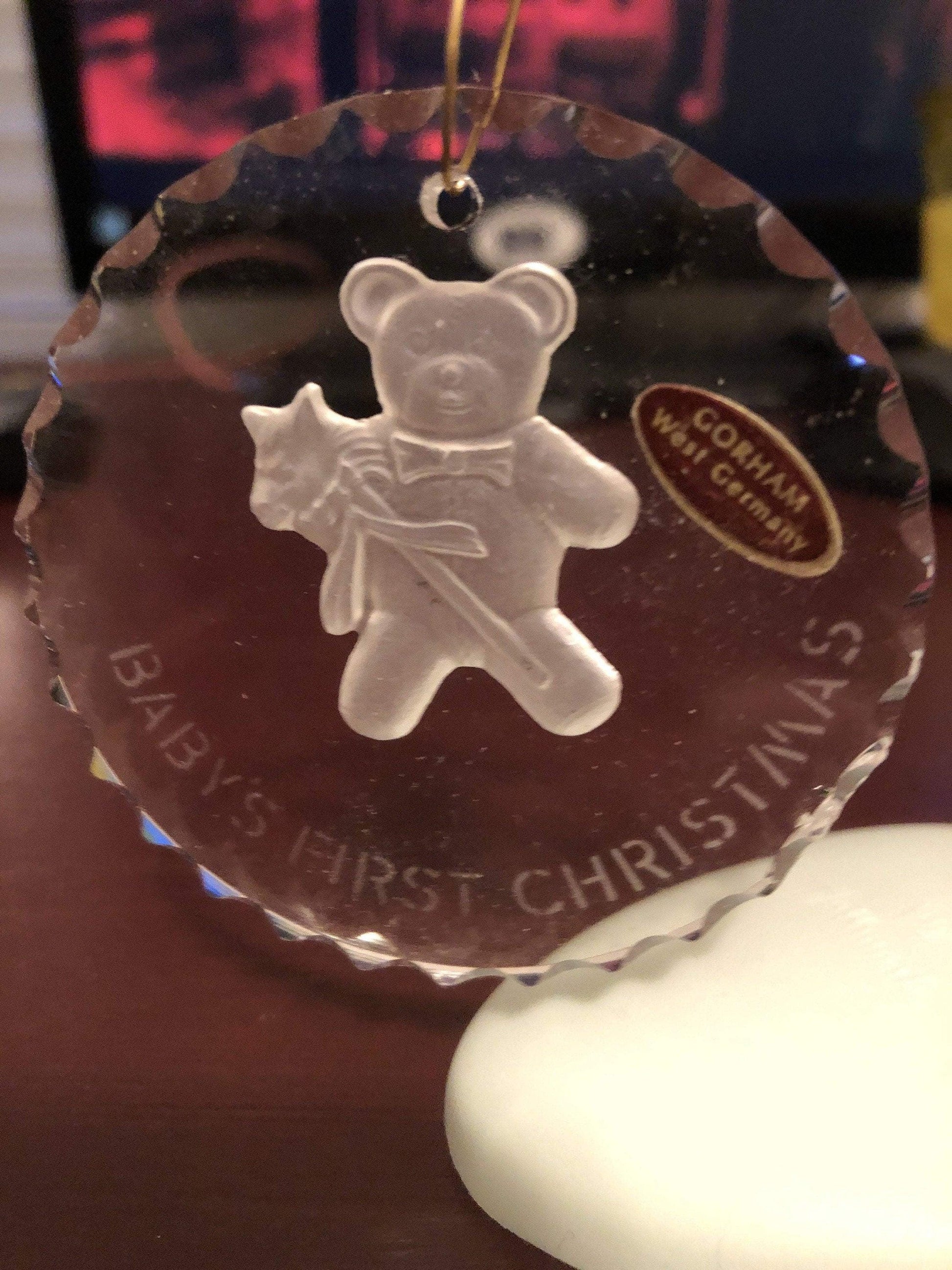 Baby&#39;s First Christmas, Teddy Bear, Gorham, West Germany, Round Beveled Glass Ornament