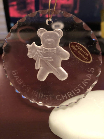 Baby&#39;s First Christmas, Teddy Bear, Gorham, West Germany, Round Beveled Glass Ornament