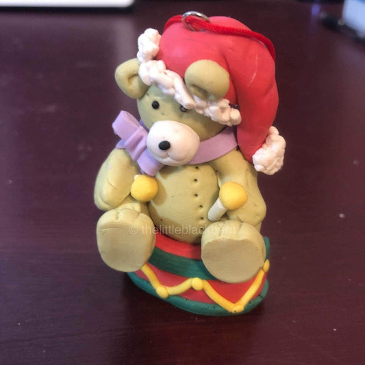 Bear with Santa Cap, Sitting on a Drum, Christmas Ornament