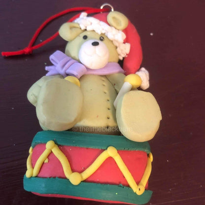 Bear with Santa Cap, Sitting on a Drum, Christmas Ornament