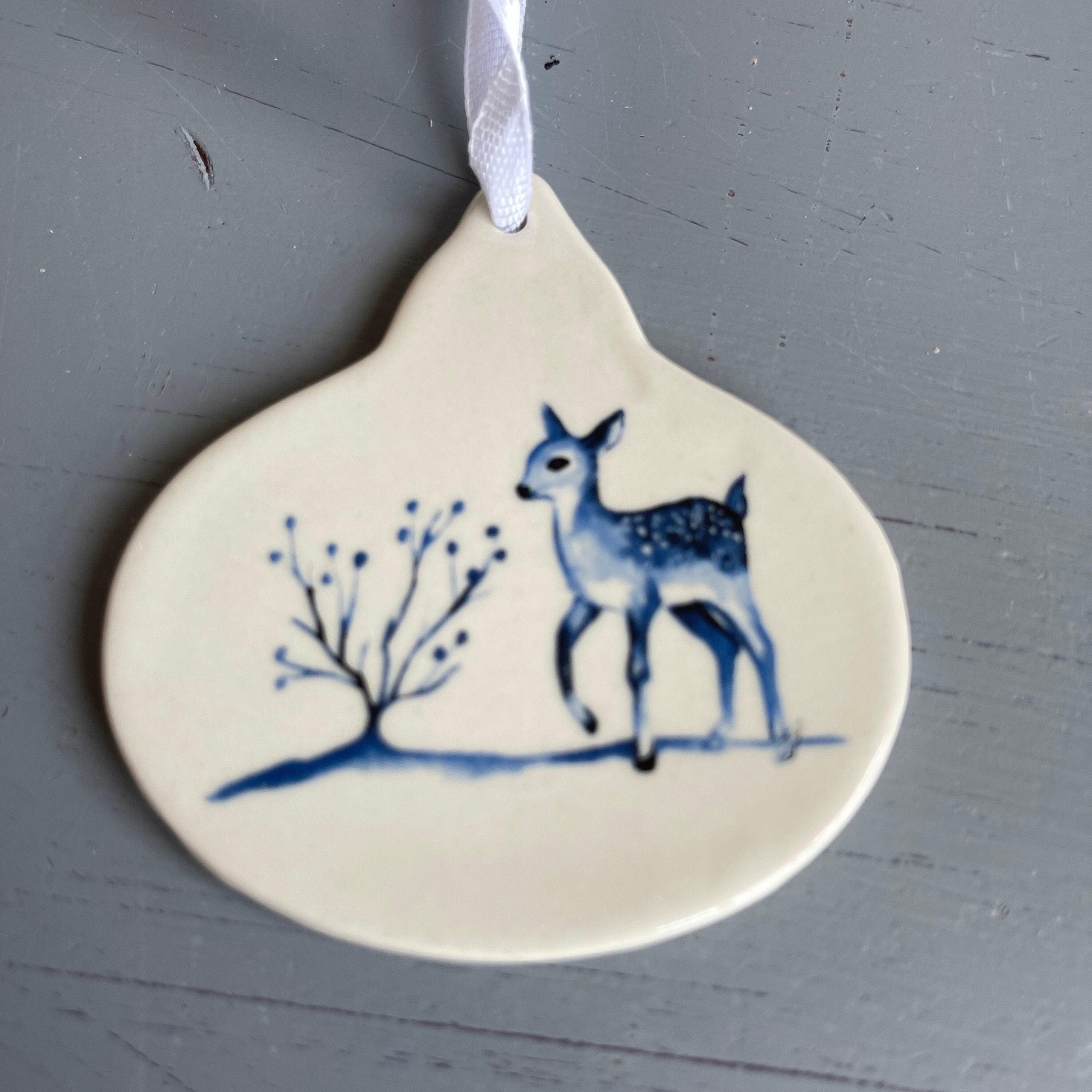 Cute Little Doe Trotting Along Vintage Stoneware Christmas Tree Ornament