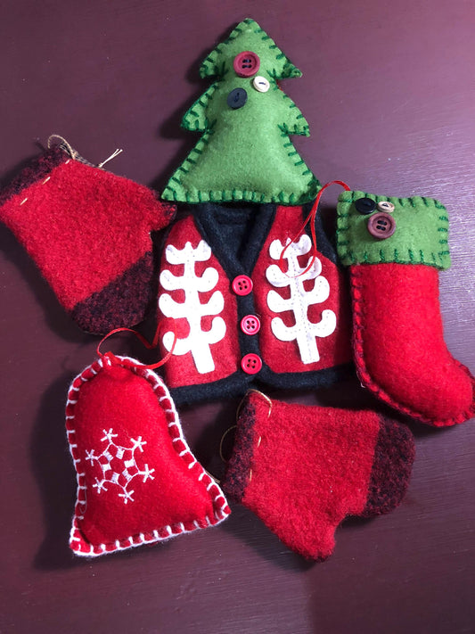 Set of Mittens, Bell, Tree, Stocking, and Vest, Vintage, Set of 6* Felt-Wool Handmade Ornaments