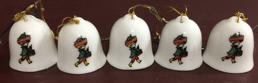 Wolfpit Enterprises, set of eight (8), Little Drummer Boy, Vintage 1968 and Caroling girl Vintage 1973, Bell Ornaments*