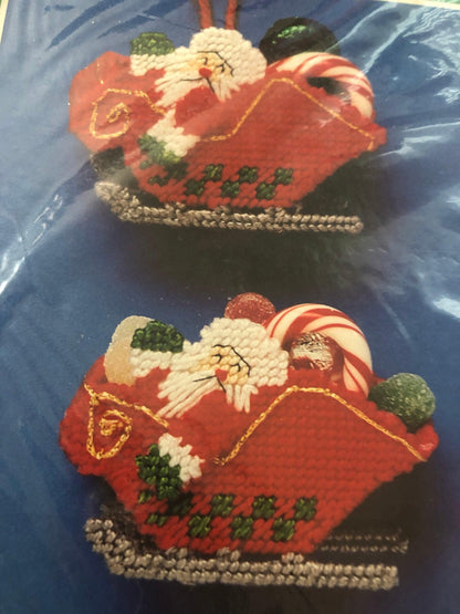 Bernat, Santa&#39;s Sleigh, Plastic Canvas, Christmas, Vintage 1993, Ornaments Kit