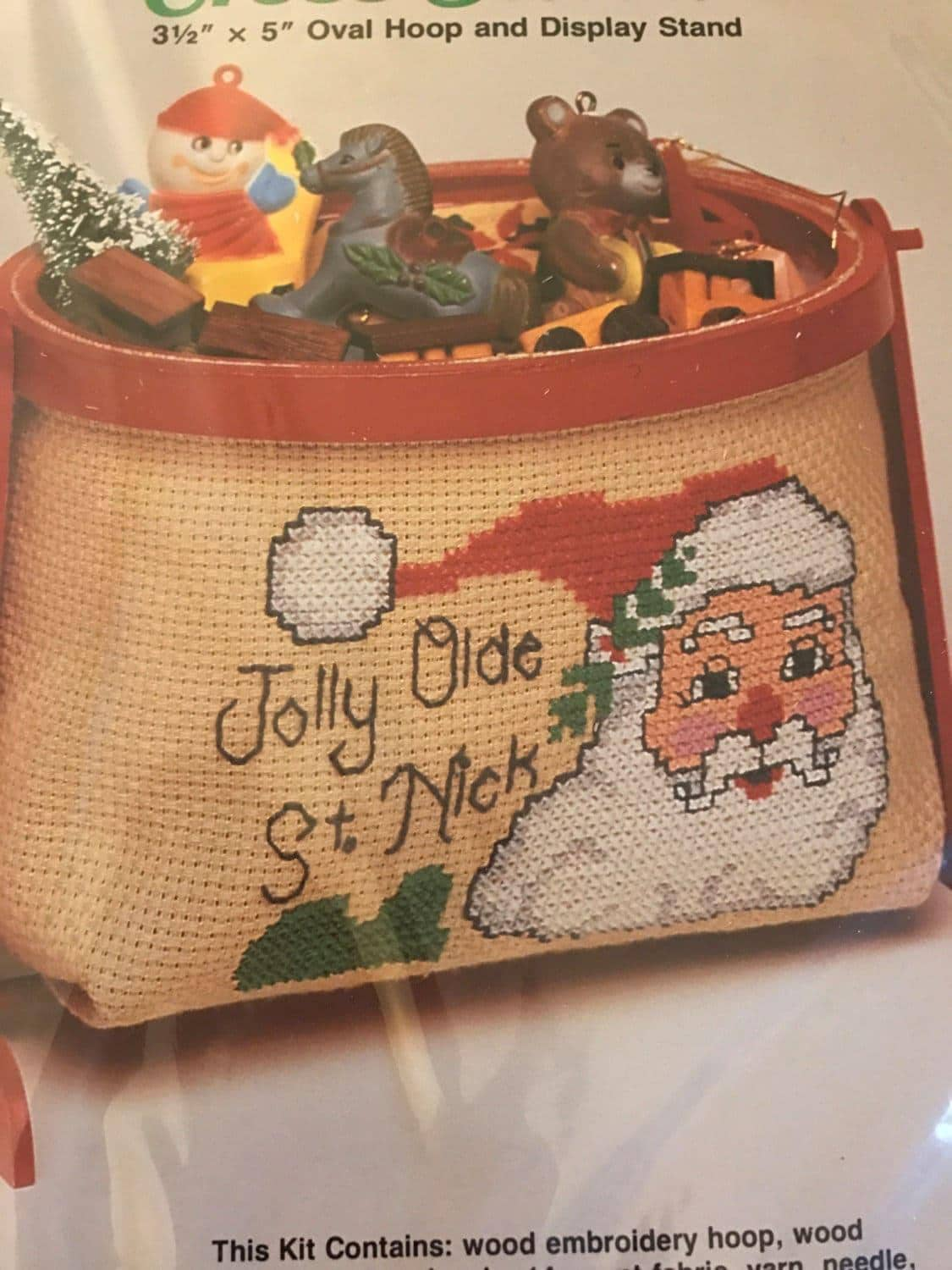 NMI Needle Magic Inc Vintage Counted Cross Stitch Jolly Old St. Nick oval hoop and display stand kit