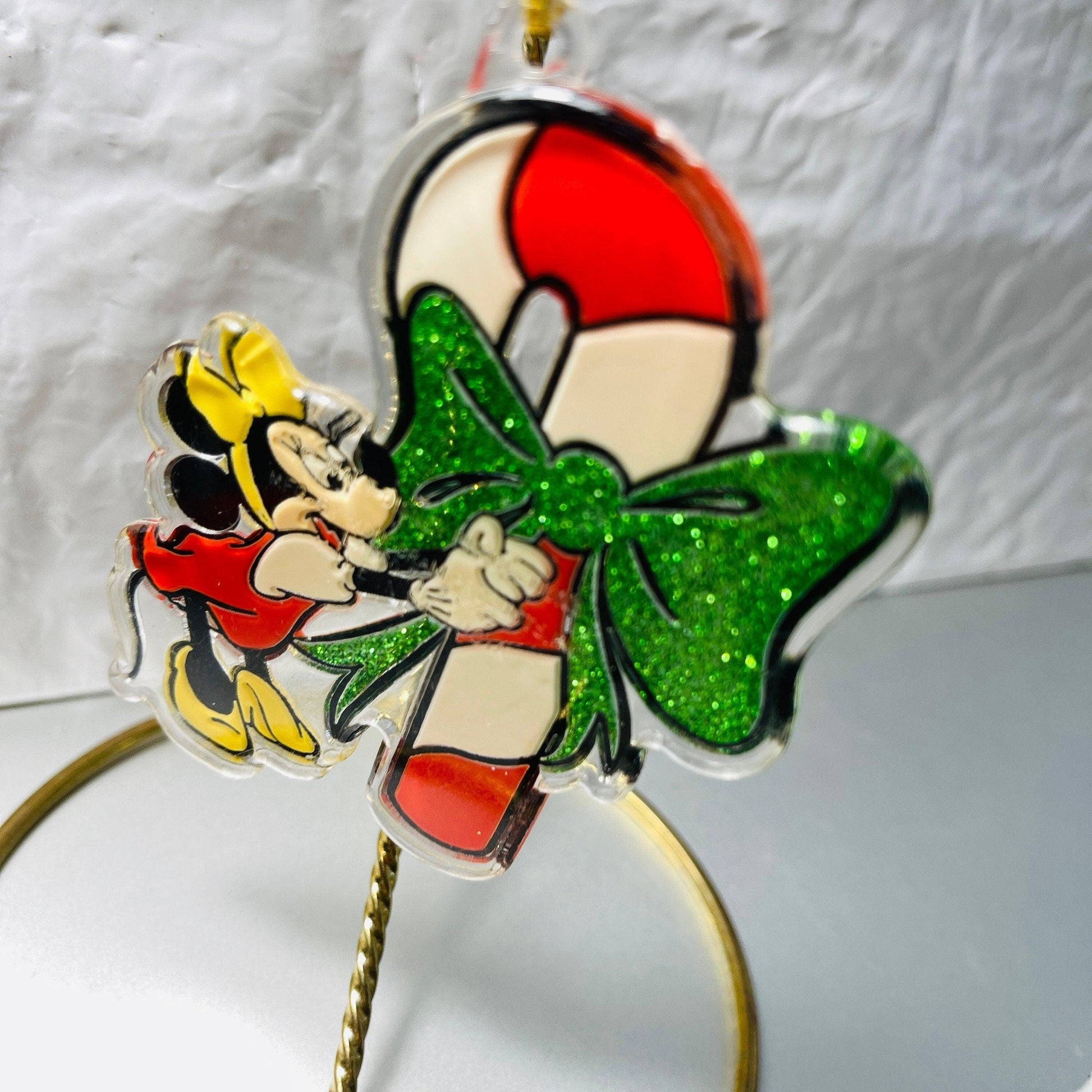 Disney&#39;s, Minnie Mouse, Tying an Bow On A Candy Cane, Acrylic Ornament