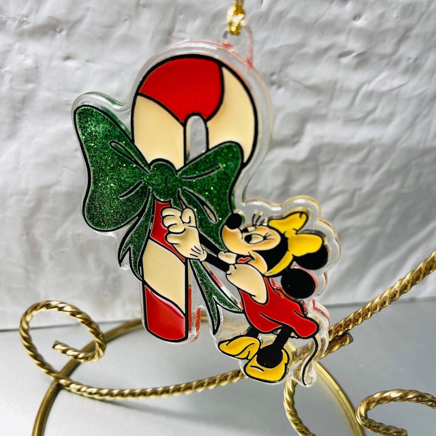 Disney&#39;s, Minnie Mouse, Tying an Bow On A Candy Cane, Acrylic Ornament