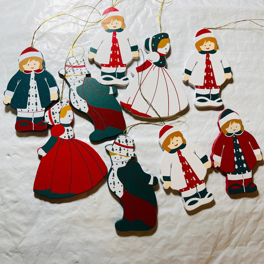 Wooden Girls and Boys, Set of 9, Christmas Ornaments