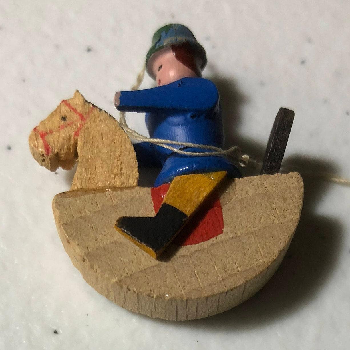 Wooden Soldier on Rocking Horse, Cute Mini Vintage Christmas Ornament