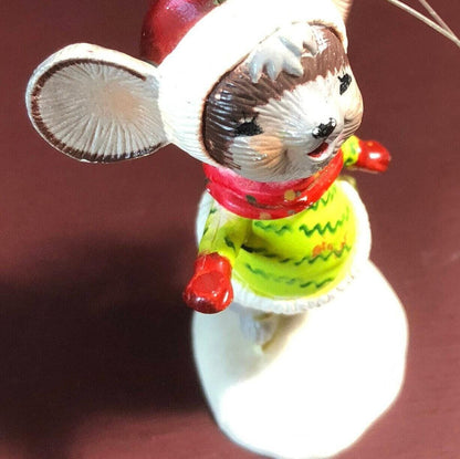 Ice Skating Mouse, Vintage Molded Christmas Ornament