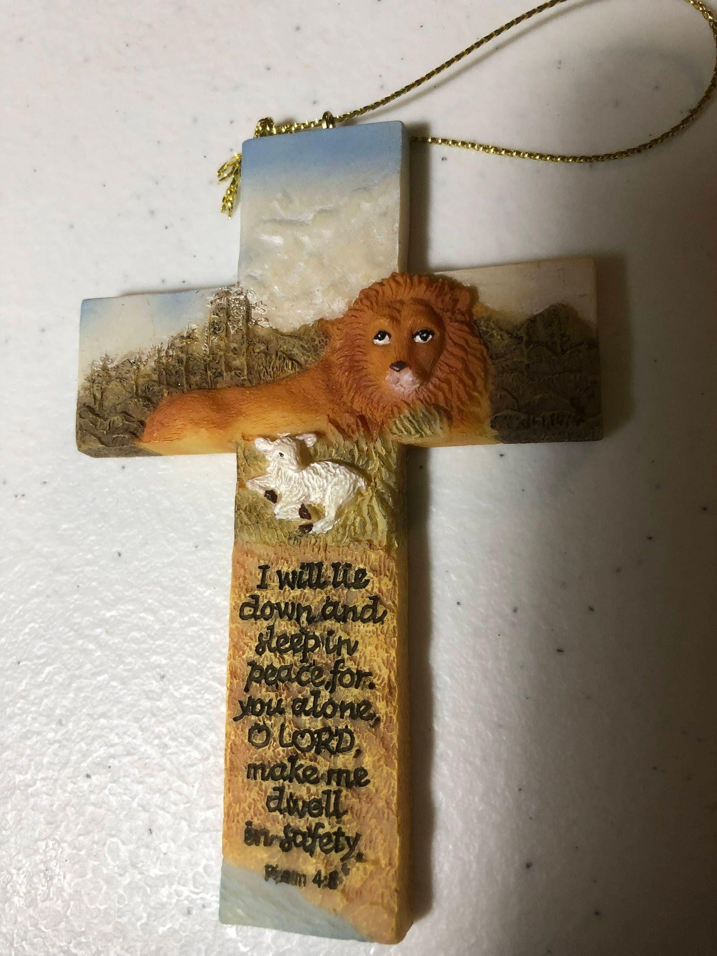 Holy Cross with Lion and Psalm, Vintage Ceramic Christmas Ornament