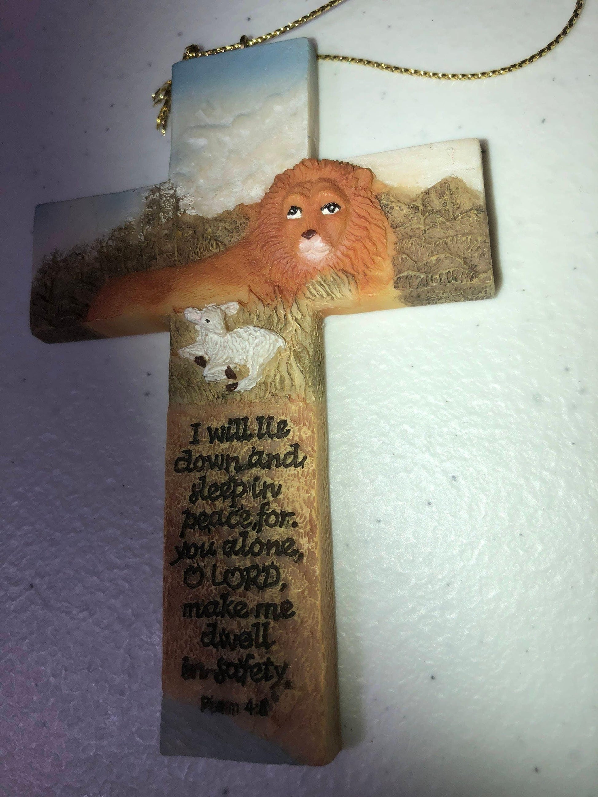 Holy Cross with Lion and Psalm, Vintage Ceramic Christmas Ornament