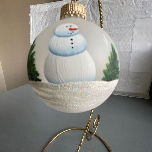 Thelma Hamilton Frosty Snowman with Evergreen Trees Hand-painted Vintage Glass Ball Ornament