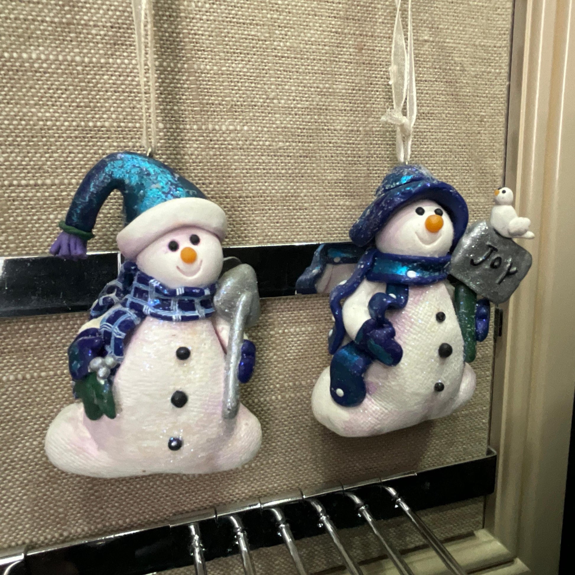 Snowman with Joy sign & Snowman with snow shovel set of 2 vintage ornaments made out of Clay Dough