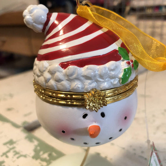 Snowman Head, Gift/Ring Box, Gold Tone Trim, Porcelain Ornament