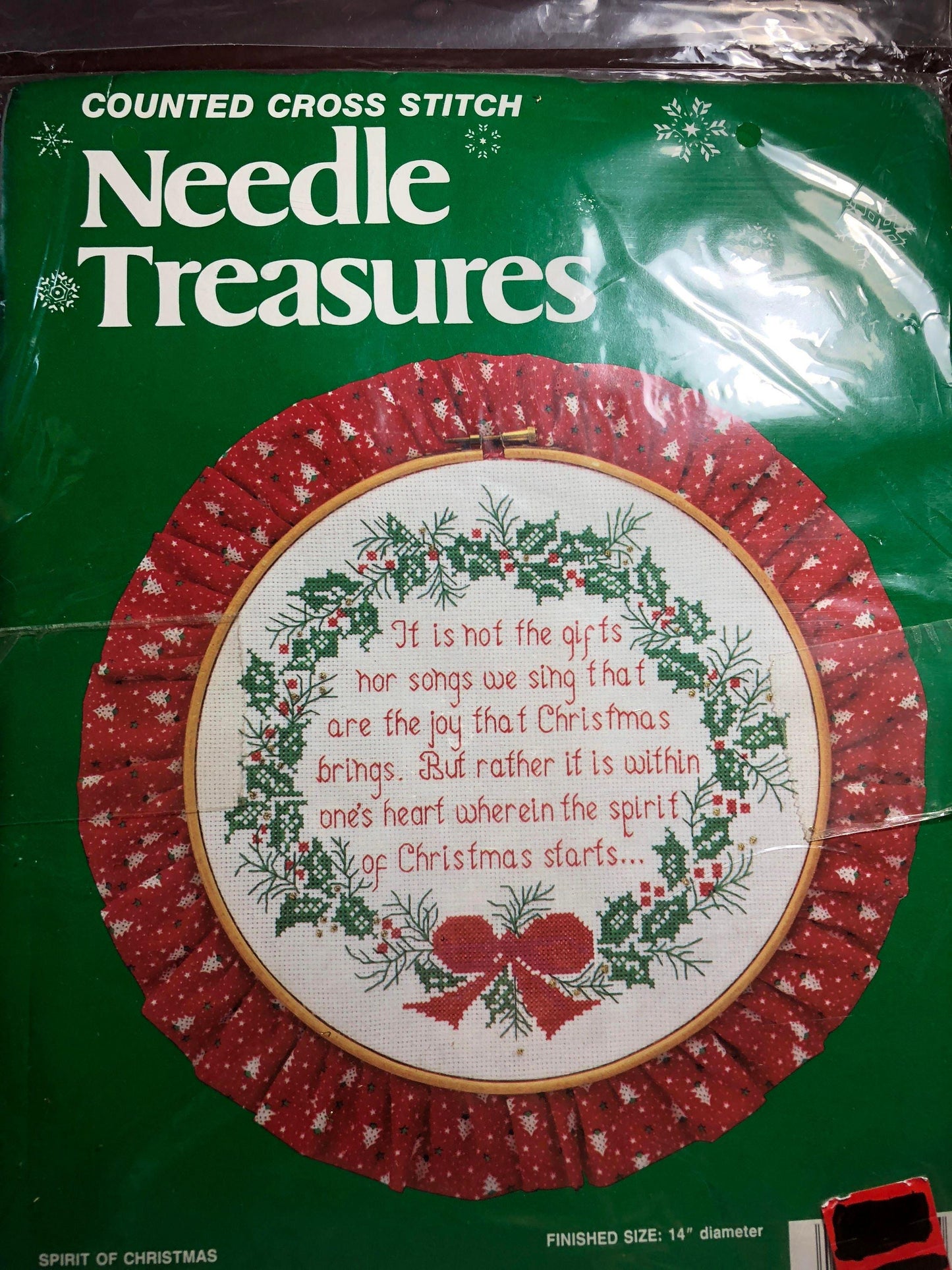 Spirit of Christmas&quot; Needle Treasures, Vintage Counted Cross Stitch Kit by Marcia Harris, on White 14 Count Aida, Wooden Hoop Included