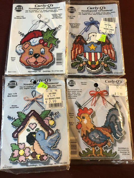 Set of 4 Curly Q&#39;s Cross Stitch on Perforated Plastic, Bird House, Rooster, Eagle Christmas Bear