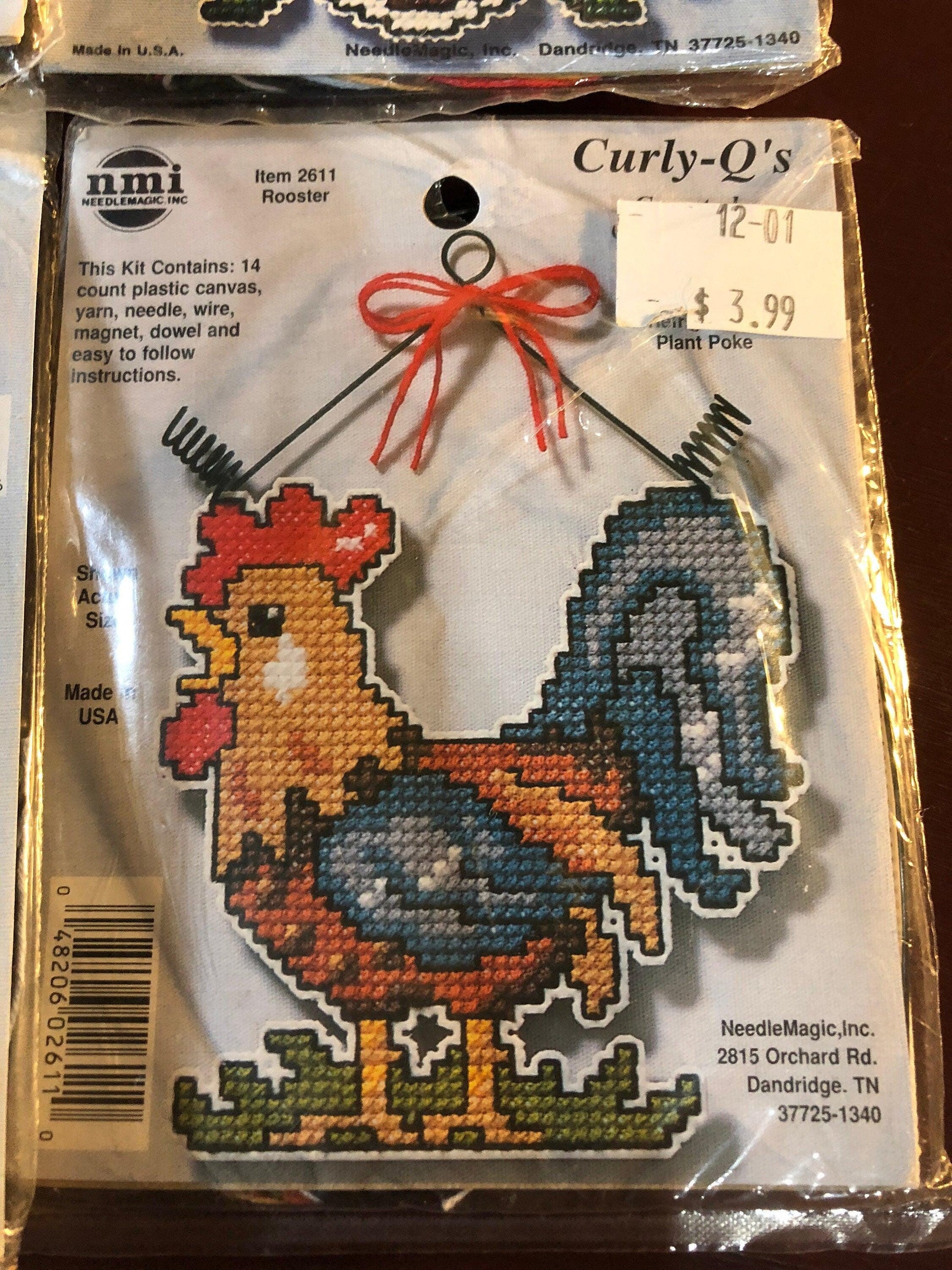 Set of 4 Curly Q&#39;s Cross Stitch on Perforated Plastic, Bird House, Rooster, Eagle Christmas Bear