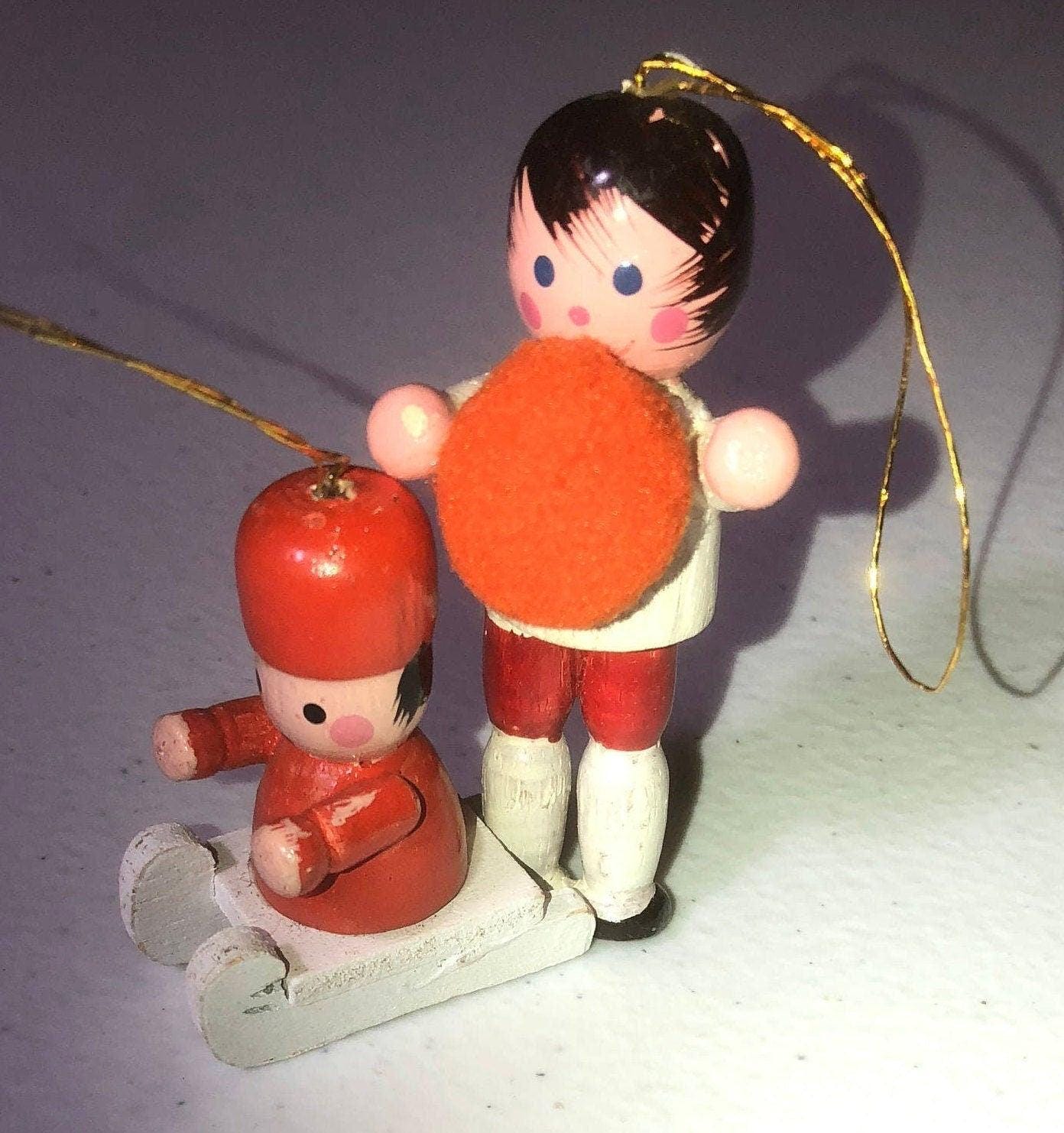 Wooden, Boy with Basketball & Boy on Sled, Set of 2, Vintage, Christmas, Ornaments