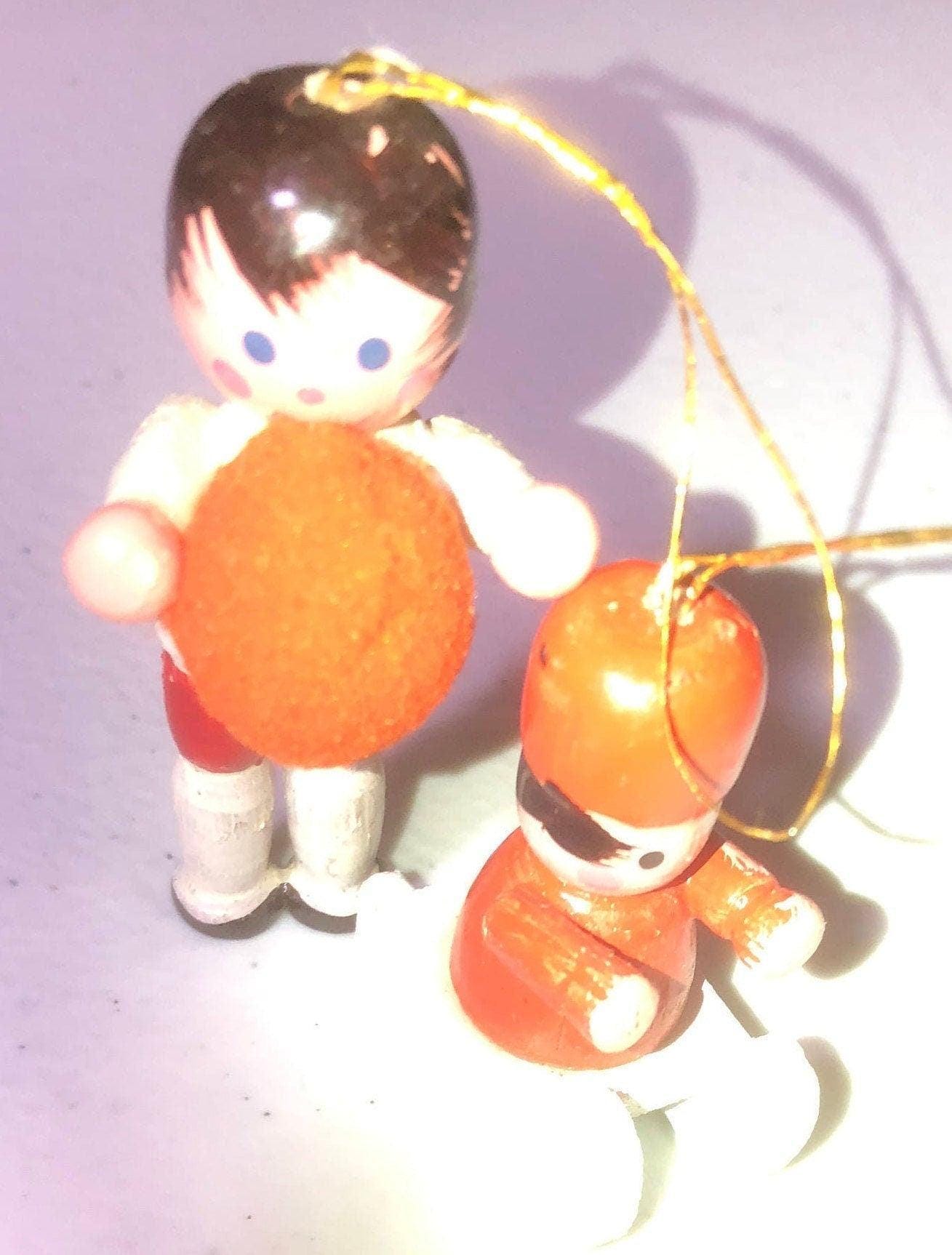 Wooden, Boy with Basketball & Boy on Sled, Set of 2, Vintage, Christmas, Ornaments