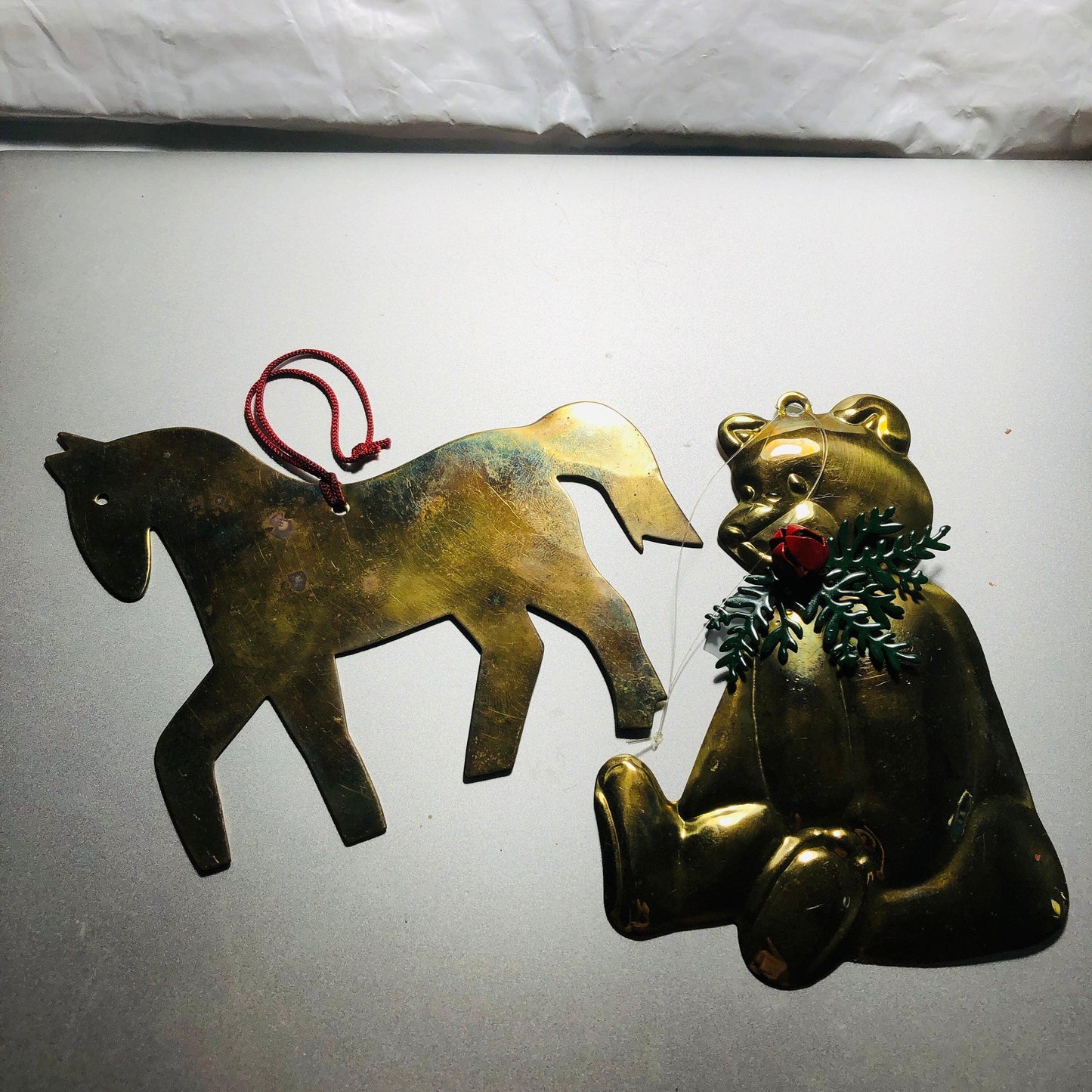 Brass Bear and Brass Horse, Set Of 2, Vintage Christmas Tree Ornaments