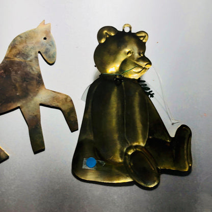 Brass Bear and Brass Horse, Set Of 2, Vintage Christmas Tree Ornaments