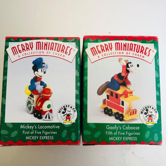 Hallmark, Mickey&#39;s Locomotive & Goofy&#39;s Caboose, Pair Of Merry Miniatures, Dated 1998*