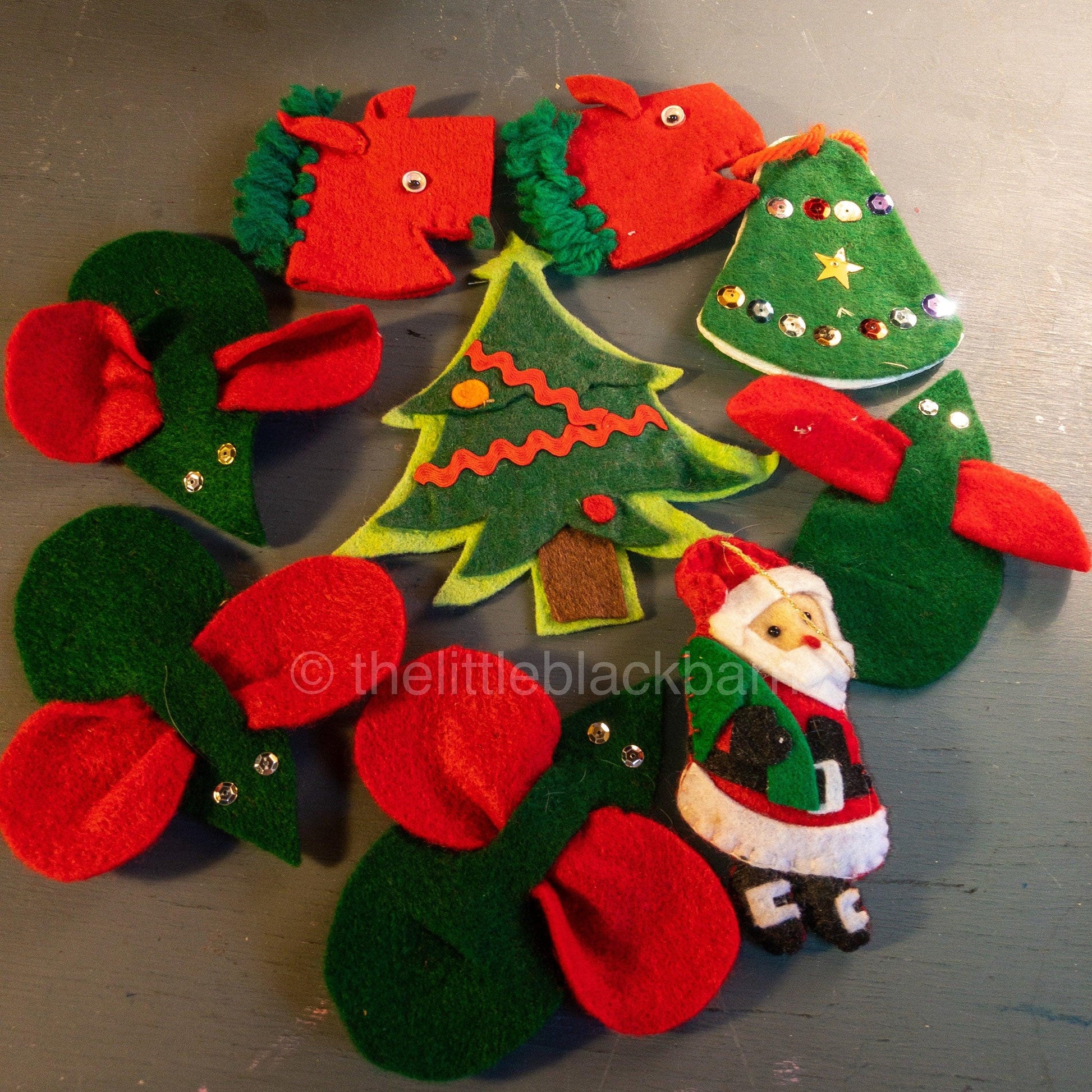 Handcrafted Felt, 4 Mice, 2 Horse Heads, Bell, Tree, & Santa Set of 9, Christmas Ornaments