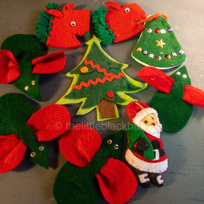 Handcrafted Felt, 4 Mice, 2 Horse Heads, Bell, Tree, & Santa Set of 9, Christmas Ornaments