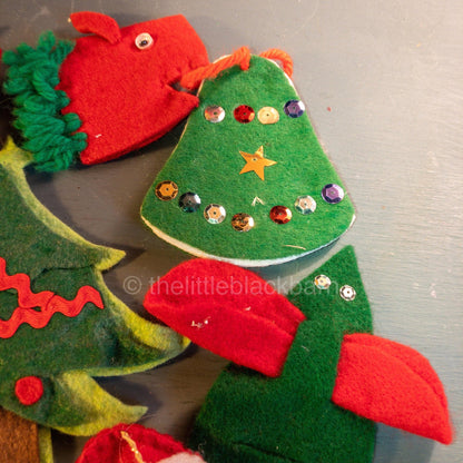 Handcrafted Felt, 4 Mice, 2 Horse Heads, Bell, Tree, & Santa Set of 9, Christmas Ornaments