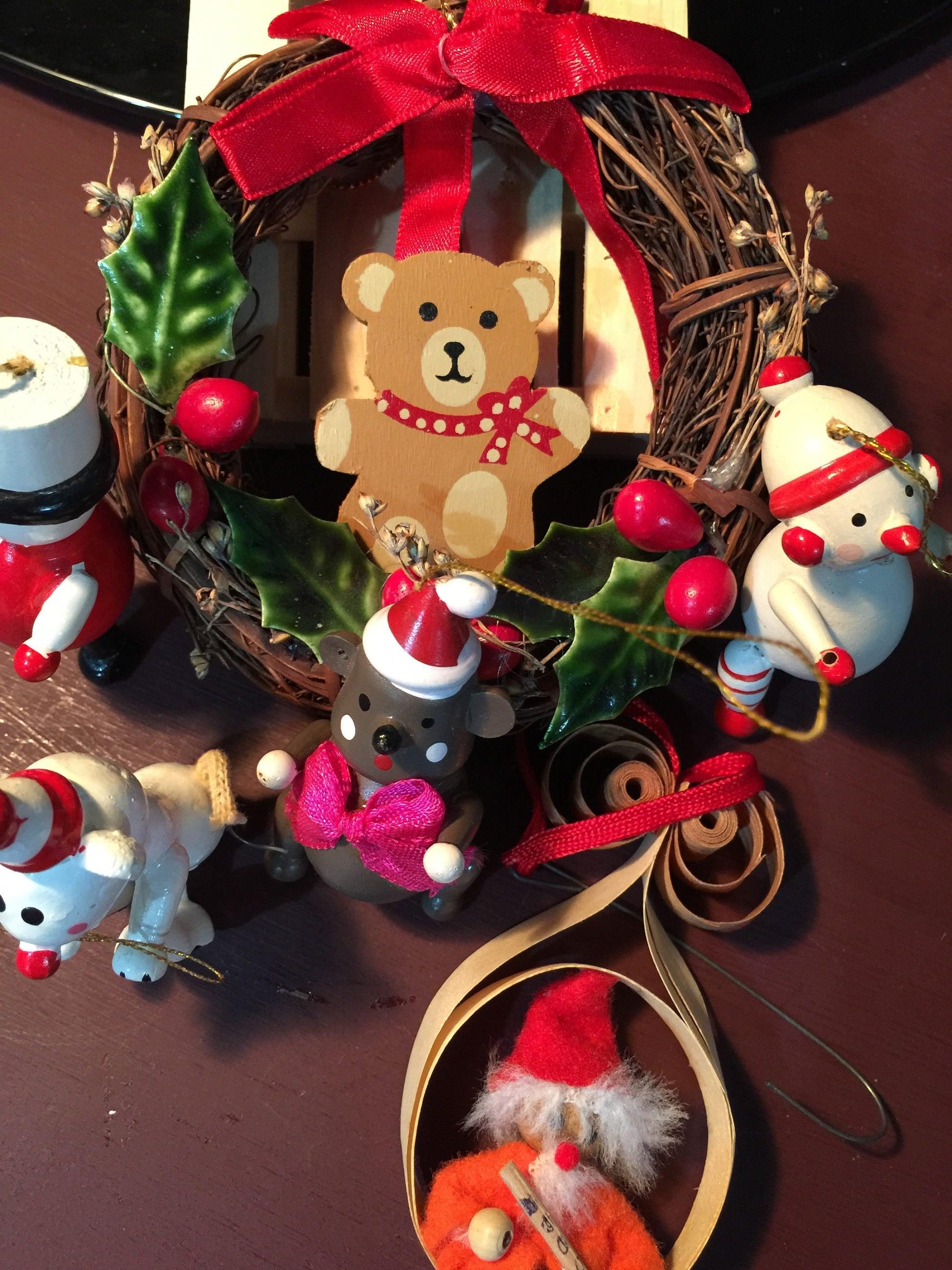 Wooden Christmas Ornaments Vintage set of 6 ornaments with Christmas wreath, mice soldier etc.