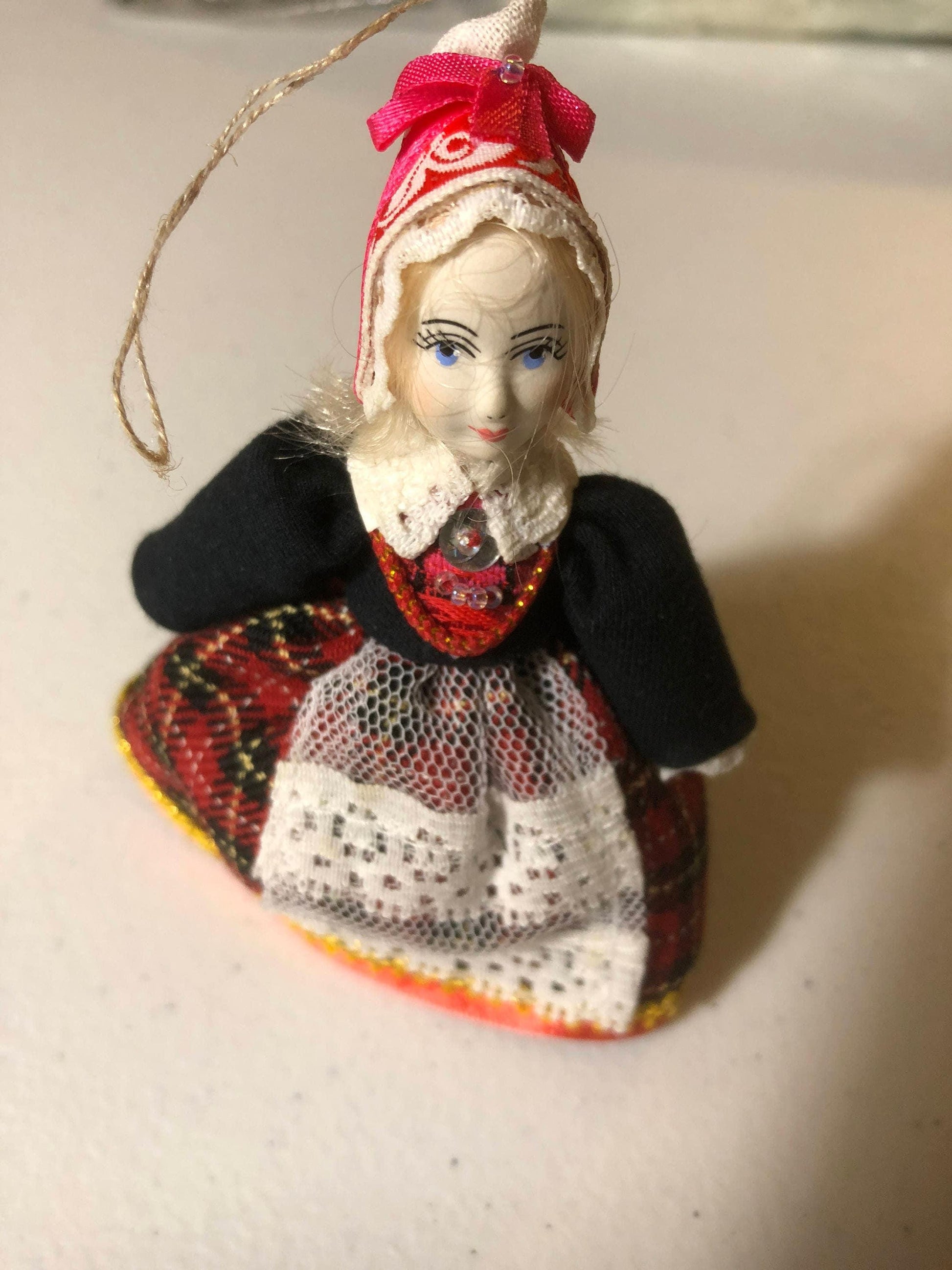 Doll with Dutch Christmas Bonnet, Beautiful Vintage Ornament