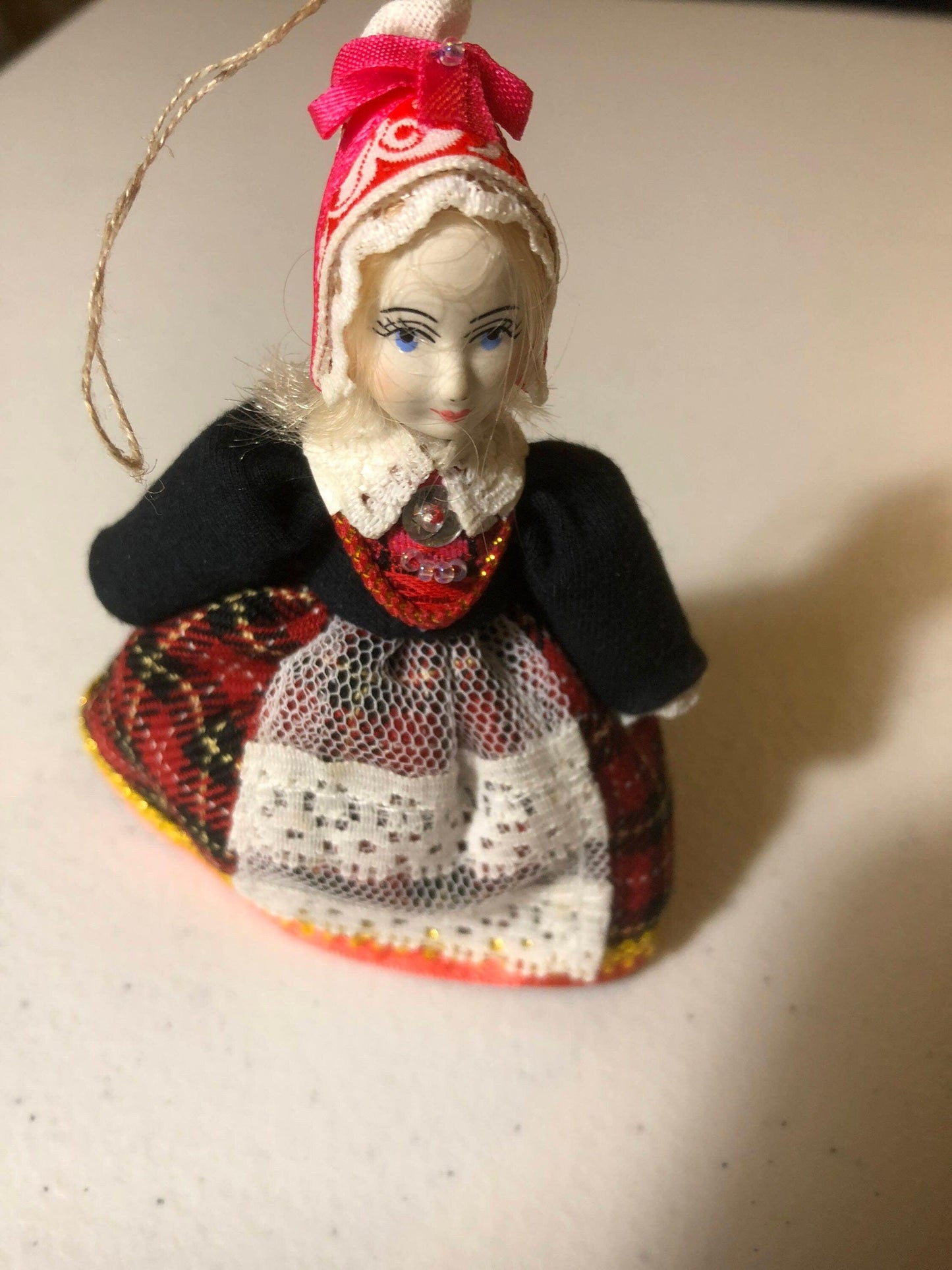 Doll with Dutch Christmas Bonnet, Beautiful Vintage Ornament