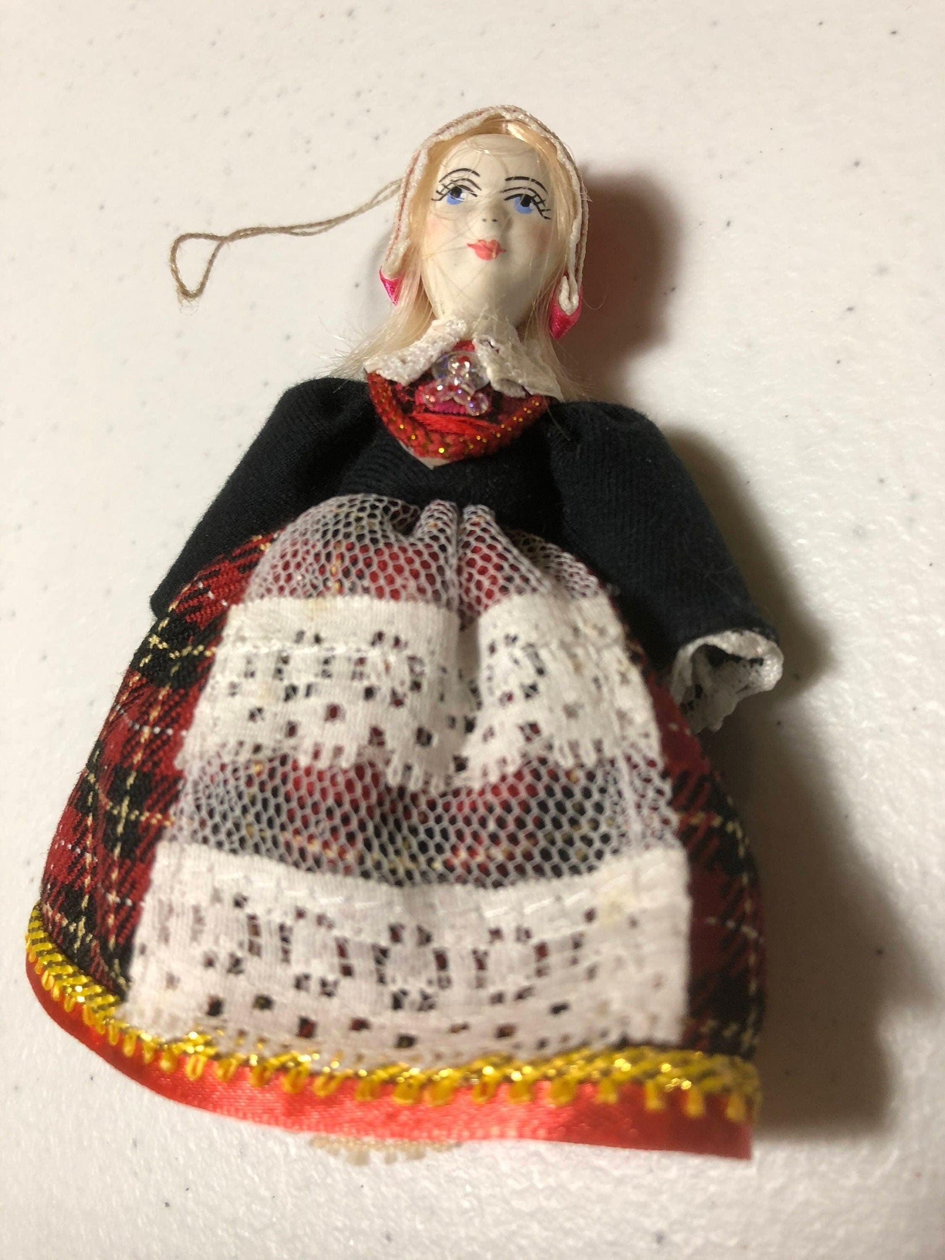 Doll with Dutch Christmas Bonnet, Beautiful Vintage Ornament