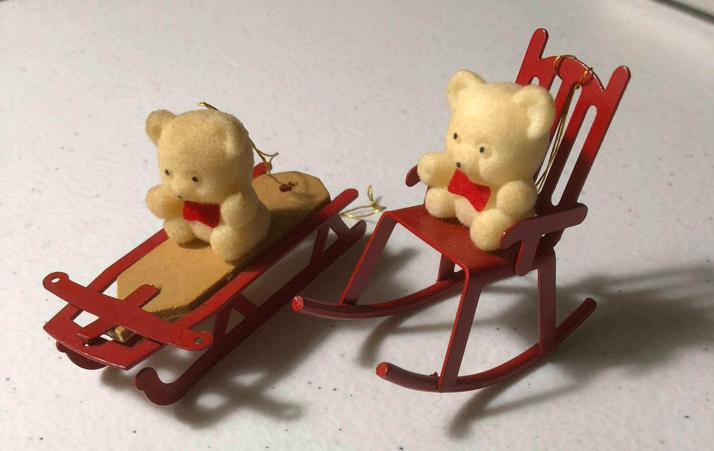 Flocked Bears, on Metal, Red Chair, and Sled, Set of 2 Vintage Christmas Ornaments