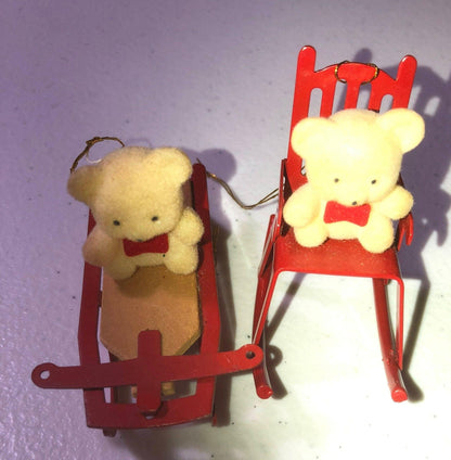 Flocked Bears, on Metal, Red Chair, and Sled, Set of 2 Vintage Christmas Ornaments