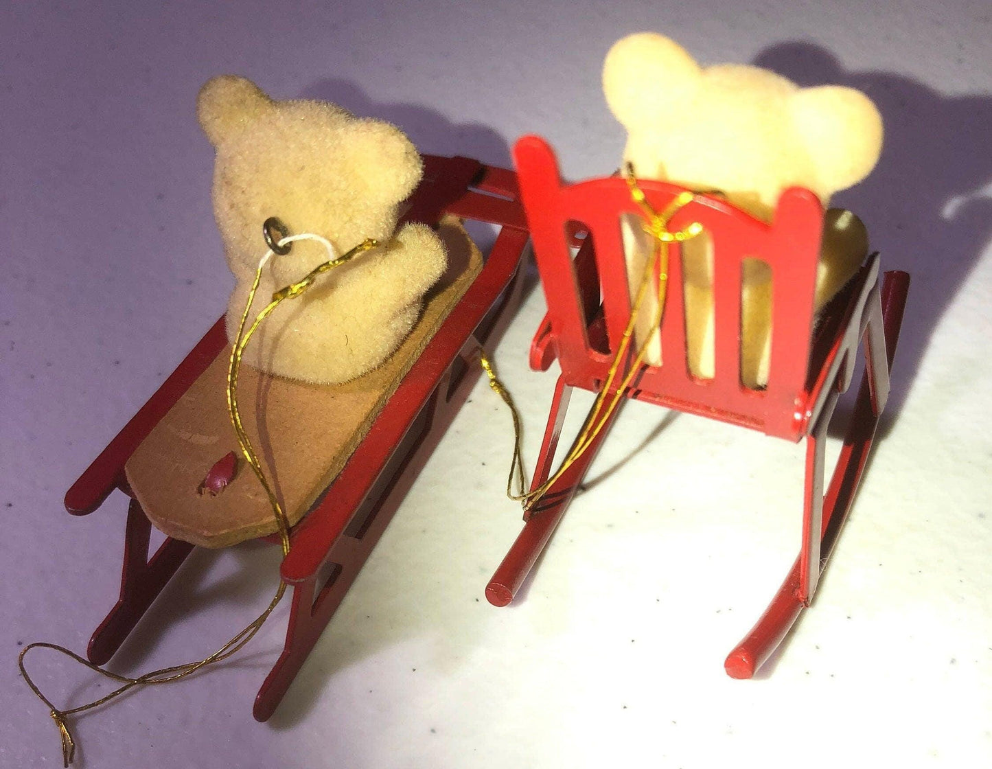 Flocked Bears, on Metal, Red Chair, and Sled, Set of 2 Vintage Christmas Ornaments