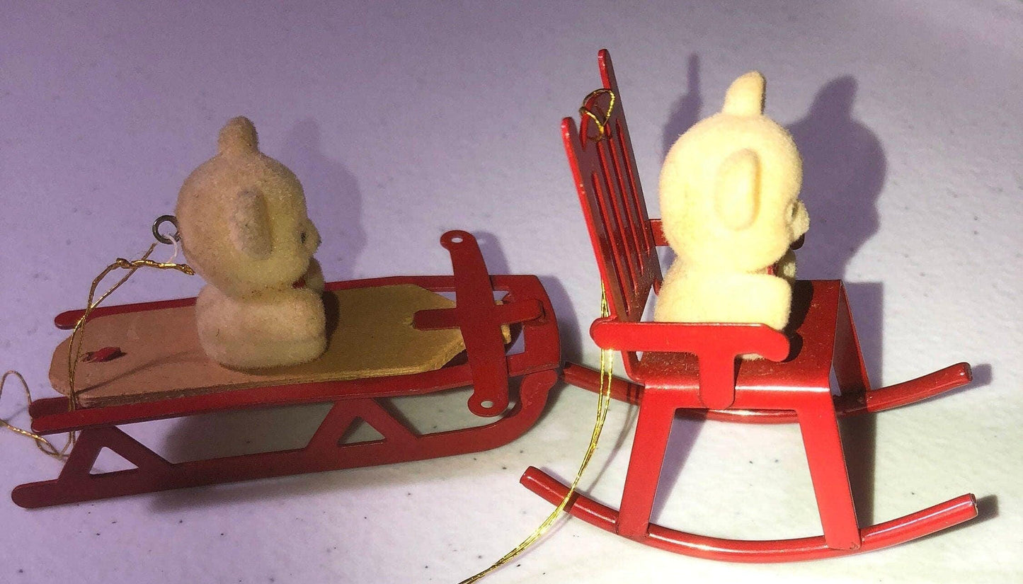 Flocked Bears, on Metal, Red Chair, and Sled, Set of 2 Vintage Christmas Ornaments