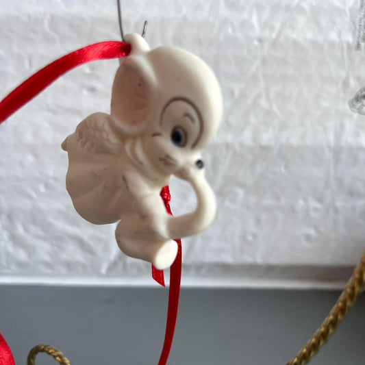 Sweet Little Blue Eyed Angel Mouse Playing Saxophone Vintage 1984, Porcelain Christmas Ornament
