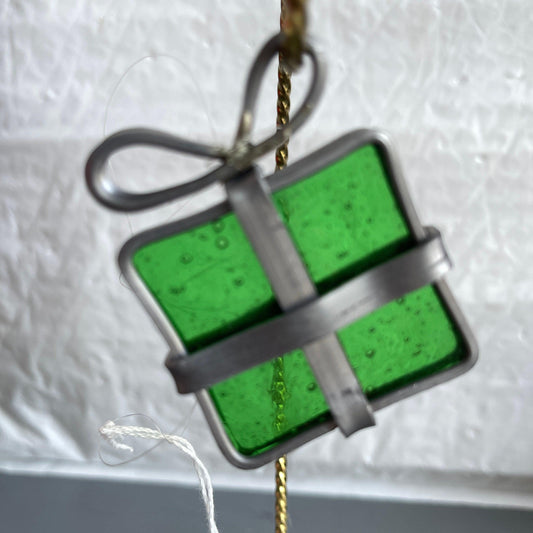 Stained Glass, Gift Package in Green, with Leaded Ribbon and Bow Vintage Collectible Ornament Ribbon and Bow Vintage Collectible Ornament