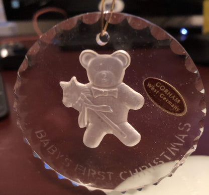 Baby&#39;s First Christmas, Teddy Bear, Gorham, West Germany, Round Beveled Glass Ornament